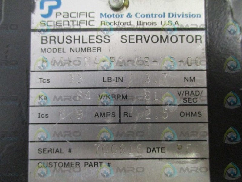 PACIFIC SCIENTIFIC R43HENA-R2-NS-VS-00 BRUSHLESS SERVOMOTOR KRPM: .61 *USED*