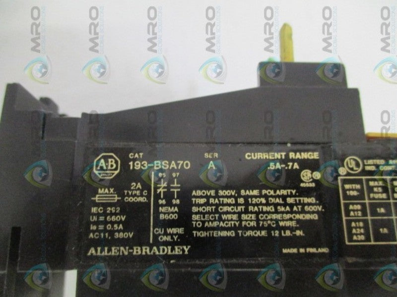 ALLEN BRADLEY 193-BSA70 SER. A OVERLOAD RELAY 0.5-7A  UNMP