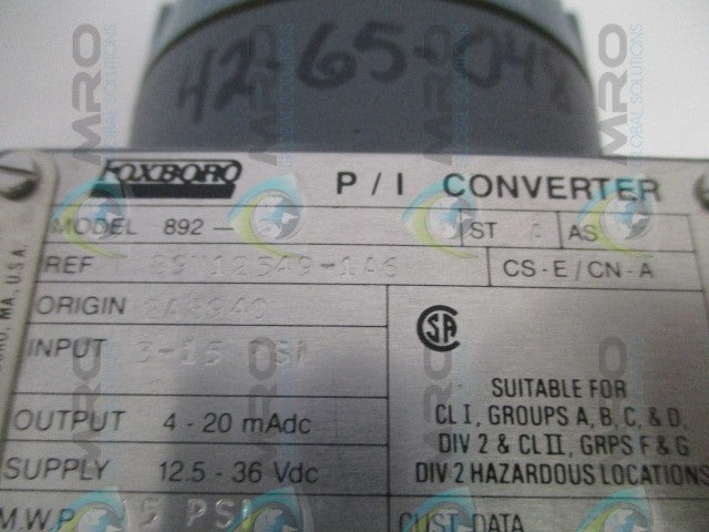 FOXBORO 892-2 P/I CONVERTER *NEW NO BOX*