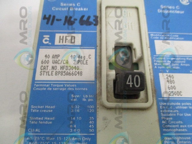 WESTINGHOUSE HFD3040 CIRCUIT BREAKER 40A *USED*