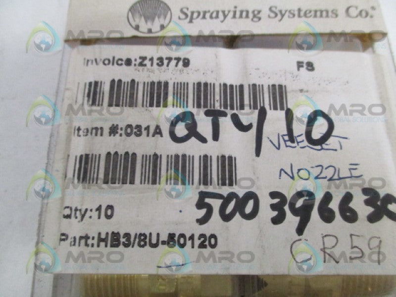 SPRAYING SYSTEMS HB3/8U-50120 SPRAY NOZZLE (PKG. OF 10)*NEW IN ORIGINAL PACKAGE*