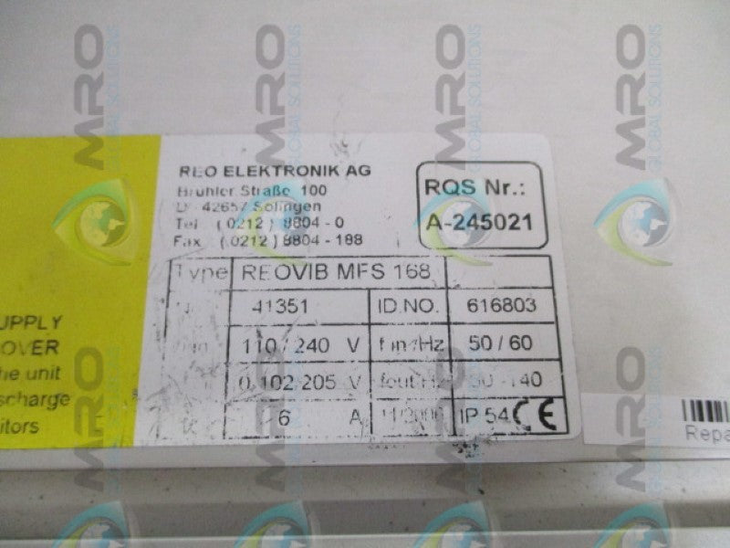 REO ELEKTRONIK REOVIBMFS168 FREQUENCY CONTROLLER *USED*