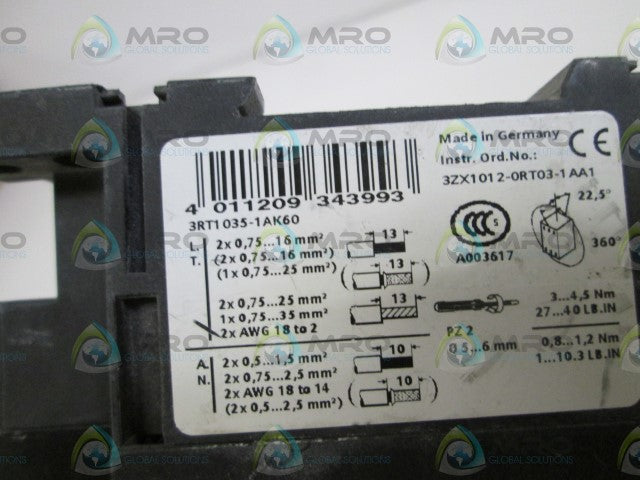 SIEMENS CONTACTOR 3RT1035-1AK60 *USED*