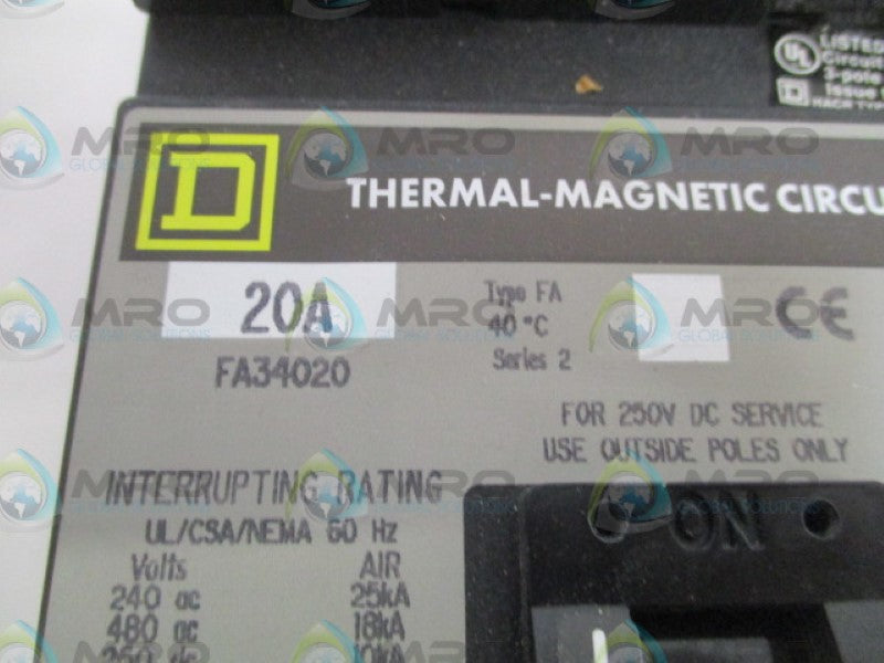 SQUARE D FA34020 CIRCUIT BREAKER 20A (GREY) *NEW IN BOX*