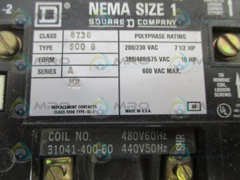 SQUARE D 8736-SCO8 SIZE MOTOR STARTER *USED*