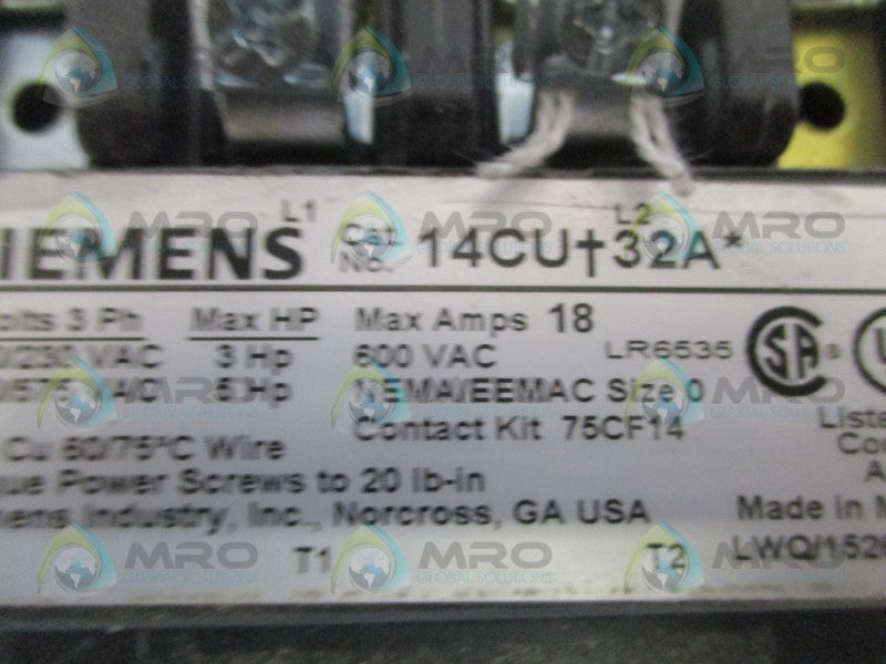 SIEMENS 14CU+32A/3UB8113-4BB2/75D73070F STARTER(0.75-3.4A)(AS PICTURED) UNMP