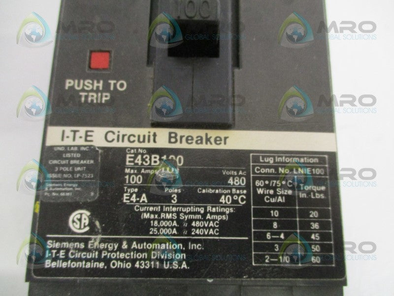 ITE E43B100 CIRCUIT BREAKER 100A *USED*