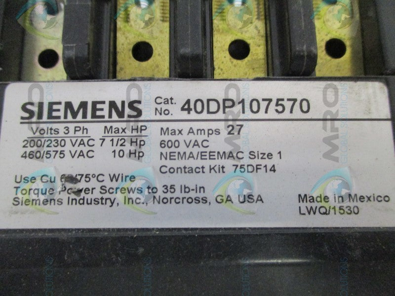SIEMENS 40DP107570 CONTACTOR (AS PICTURED) *NEW NO BOX*