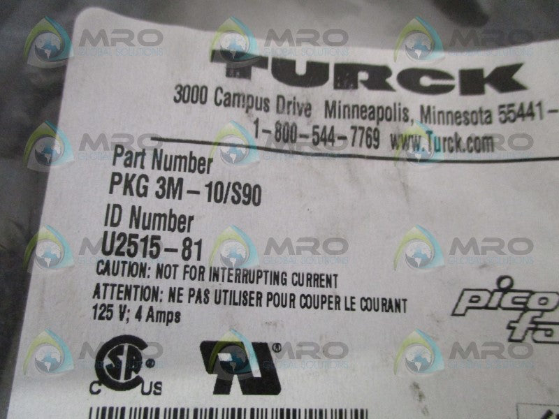 TURCK PKG3M-10/S90 MOLDED CORDSET *NEW IN FACTORY BAG*