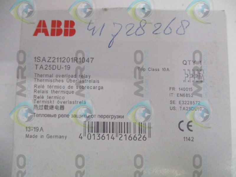 ABB TA25DU-19 1SAZ211201R1047 OVERLOAD RELAY 13-19A  * FACTORY SEALED *