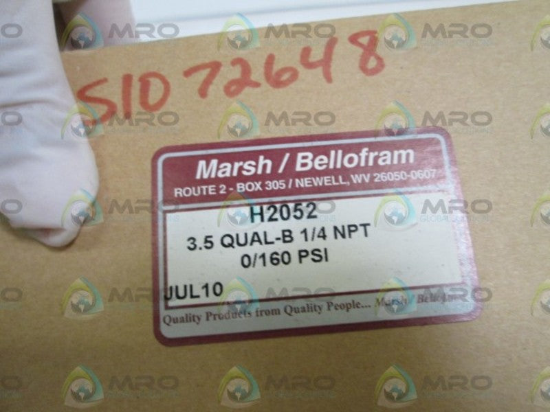 MARSH/BELLOFRAM GAUGE 3.5" QUAL-B 1/4" NPT 0/160PSI H2052 *NEW IN BOX*