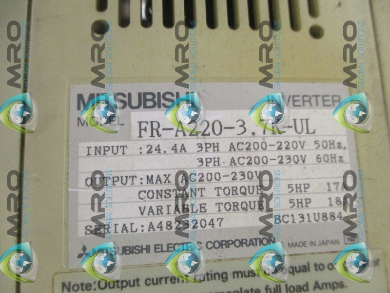 MITSUBISHI FR-A220-3.7K-UL INVERTER 5HP (AS PICTURED)  UNMP