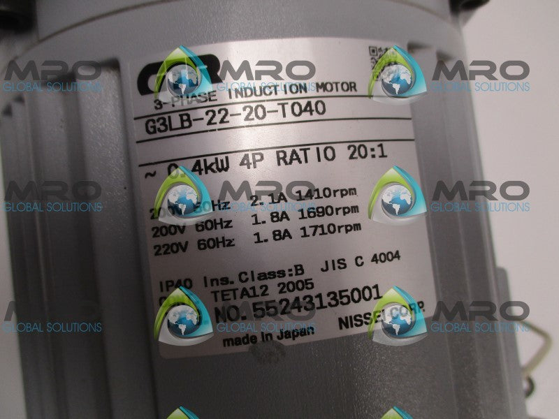 GTR G3LB-22-20-T040 3-PHASE INDUCTION MOTOR 200/220V RATIO: 20:1  NSNP
