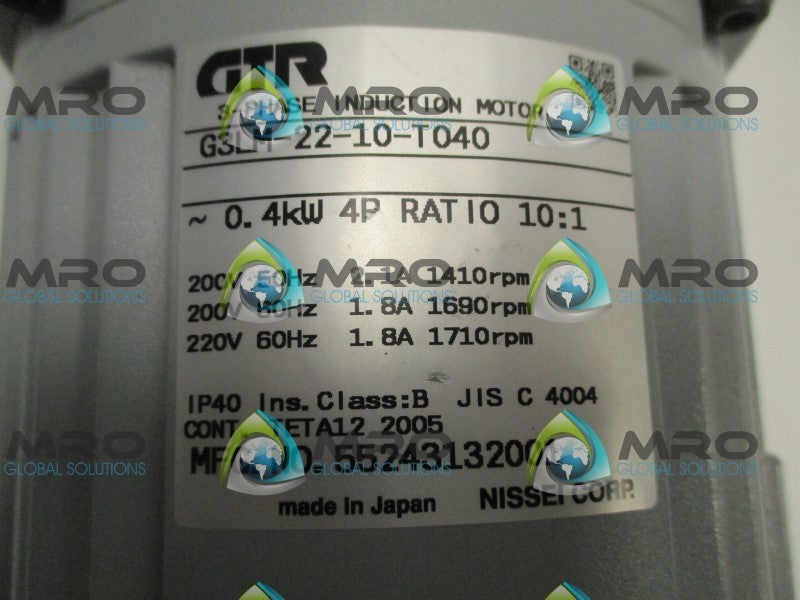 GTR G3LM-22-10-T040 3-PHASE INDUCTION MOTOR 200/220V RATIO: 10:1  NSNP