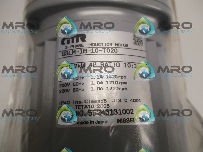 GTR G3LM-18-10-T020 3-PHASE INDUCTION MOTOR 200/220V RATIO: 10:1  NSMP