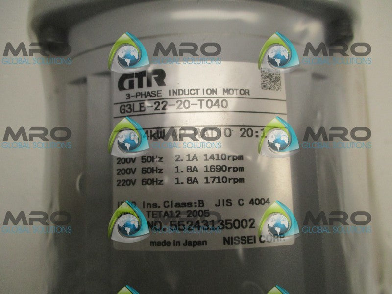 GTR G3LB-22-20-T040 3-PHASE INDUCTION MOTOR 200/220V RATIO: 20:1  NSMP