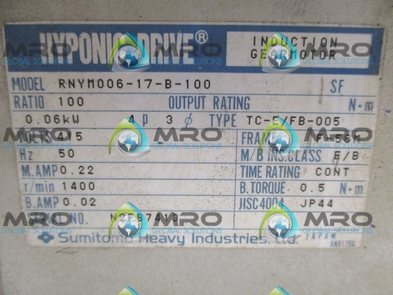 SUMITOMO RNYM006-17-B-100 INDUCTION GEARMOTOR RPM: 1400 HP: 4  UNMP