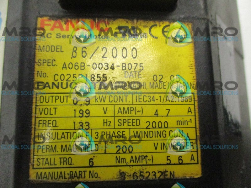 FANUC A06B-0034-B075 AC SERVO MOTOR RPM: 2000 (REPAIRED)  UNMP