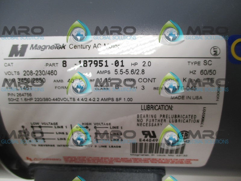 MAGNETEK 8-18795100 8-187951-01 AC MOTOR RPM: 3450/2850 HP: 2.0  NSMP