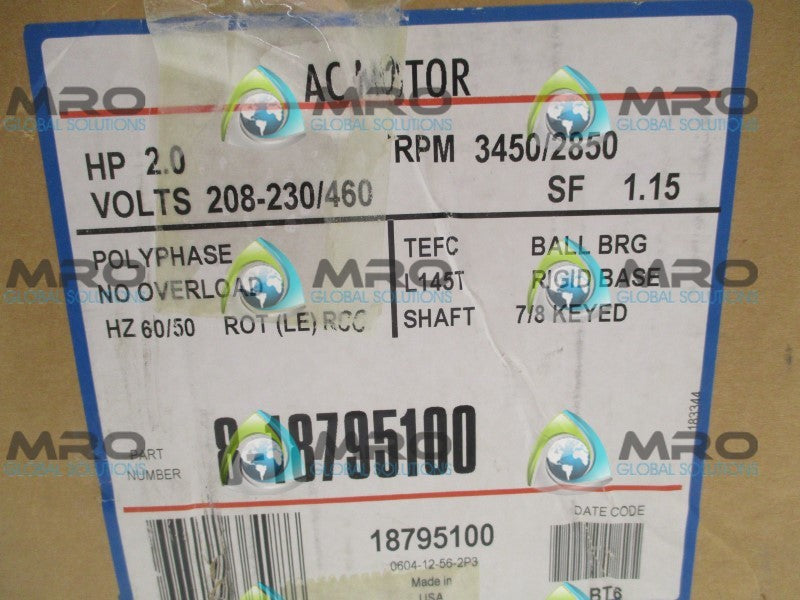 MAGNETEK 8-18795100 8-187951-01 AC MOTOR RPM: 3450/2850 HP: 2.0  NSMP