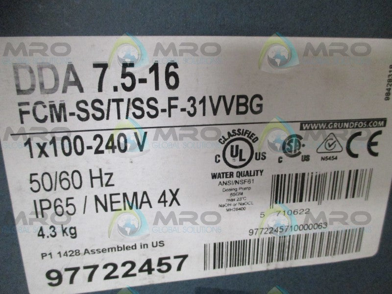 GRUNDFOS FCM-SS/T/SS-F-31VVBG DDA7.5-16 DIGITAL DOSING PUMP  NSMP