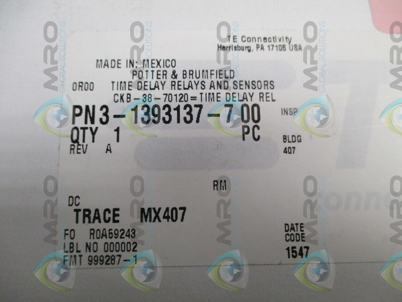 POTTER & BRUMFIELD CKB-38-70120 DELAY RELAY 1.2-120SEC 120/240VAC  NSMP