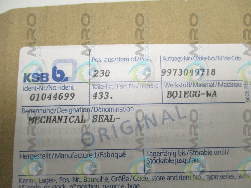 KSB 01044699 MECHANICAL SEAL * NEW IN ORIGINAL PACKAGE *