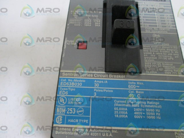 SIEMENS CIRCUIT BREAKER (MISSING LUGS) ED63B030 *NEW NO BOX*
