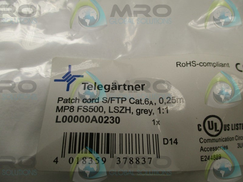 TELEGARTNER L00000A0230 PATCH CORD * NEW IN FACTORY BAG *