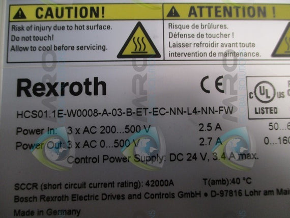 REXROTH HCS01.1E-W0008-A-03-B-ET-EC-NN-L4-NN-FW SERVO DRIVE * USED *