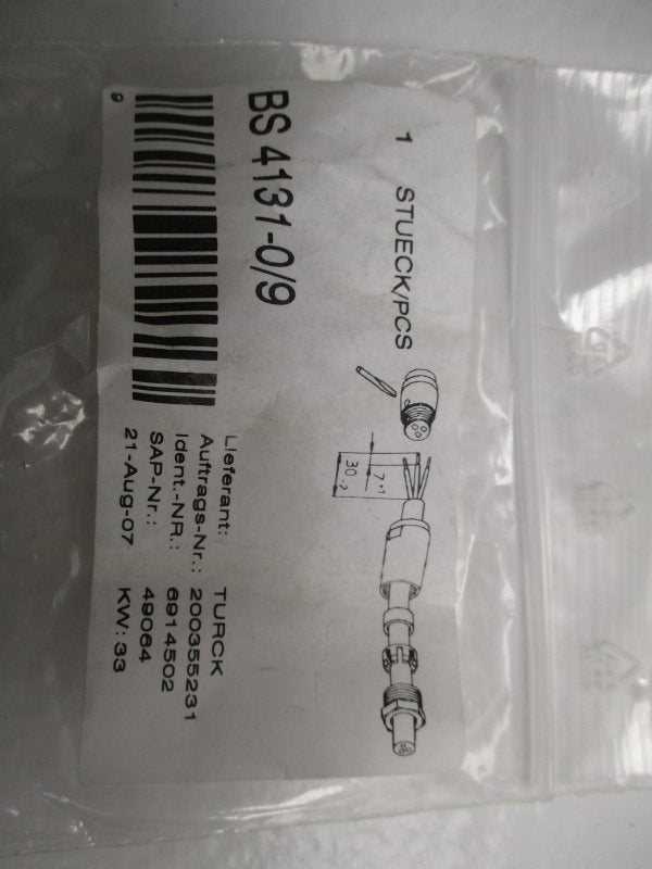 TURCK BS4131-0/9 MALE STRAIGHT CONNECTOR * NEW IN FACTORY BAG *