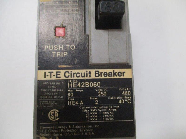 SIEMENS HE42B060 CIRCUIT BREAKER 60A 480VAC  UNMP