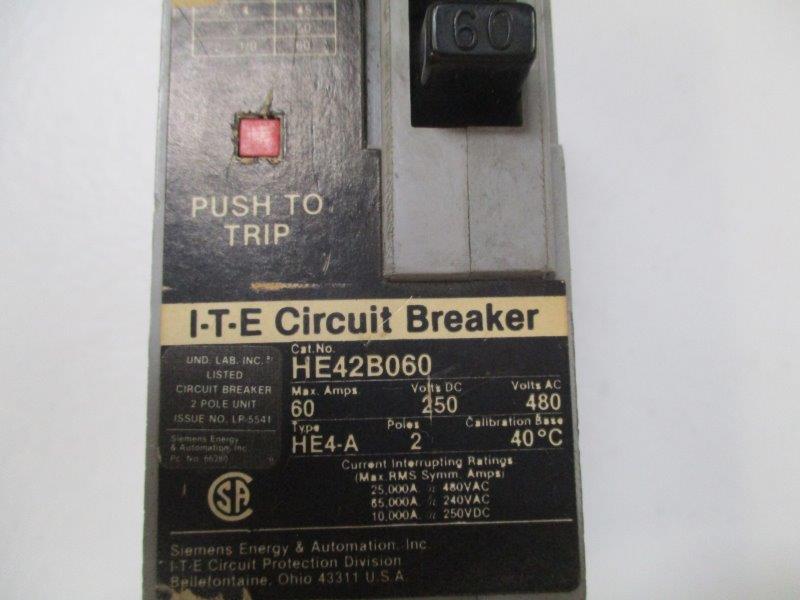 SIEMENS HE42B060 CIRCUIT BREAKER 60A 480VAC  UNMP