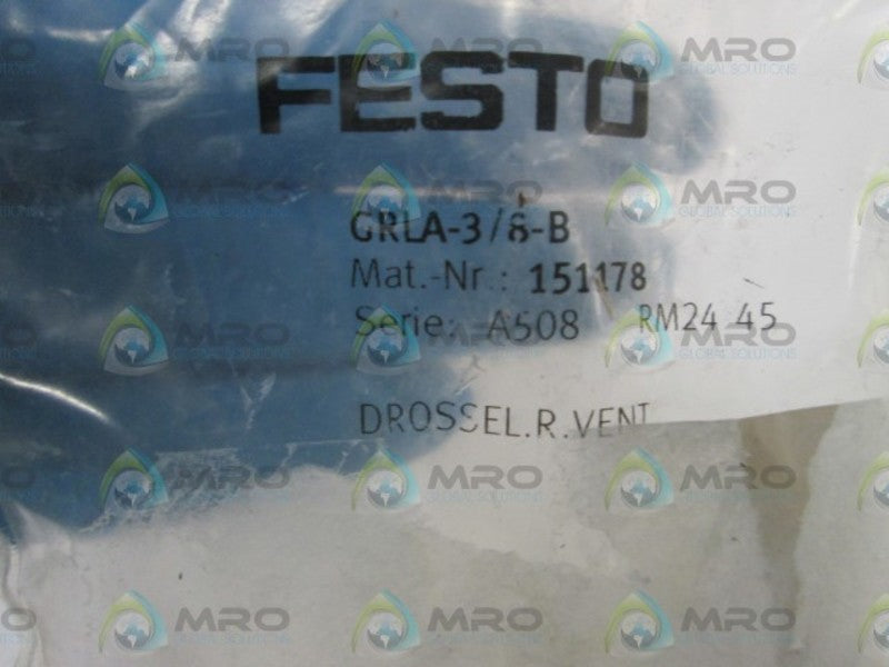 FESTO ONE-WAY FLOW CONTROL VALVE GRLA-3/8-B * NEW IN FACTORY BAG *