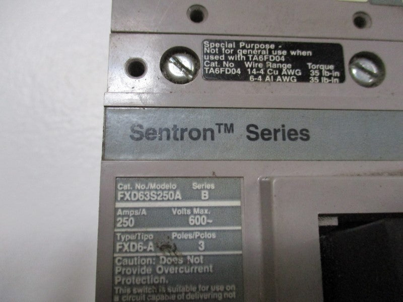 SIEMENS FXD63S250A CIRCUIT BREAKER 250A UNMP