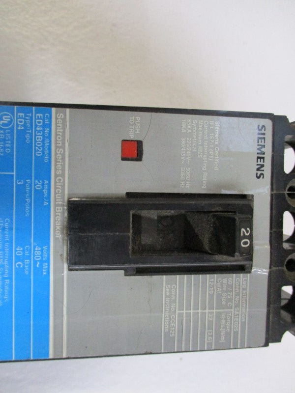 SIEMENS ED43B020 CIRCUIT BREAKER 20A 480V UNMP