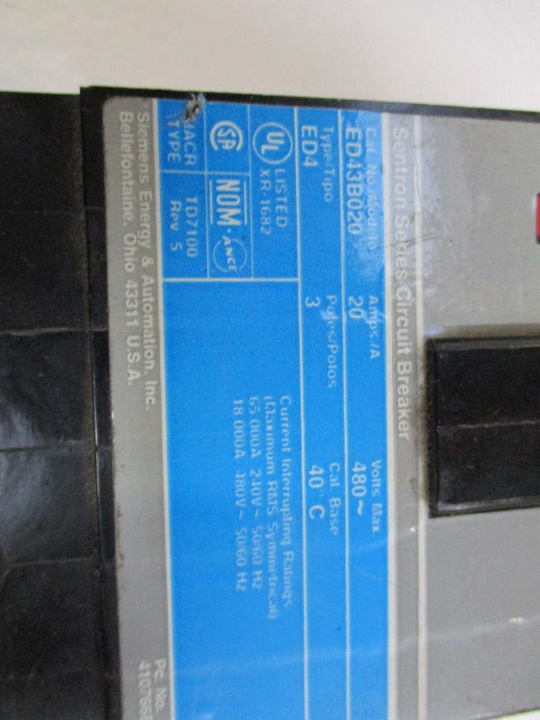 SIEMENS ED43B020 CIRCUIT BREAKER 20A 480V UNMP