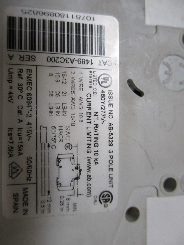 ALLEN BRADLEY 1489-A3C200 CIRCUIT BREAKER SER. A 20A 277V UNMP