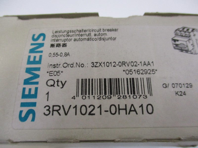 SIEMENS 3RV1021-0HA10 CIRCUIT BREAKER 0,55-0,8A NSMP