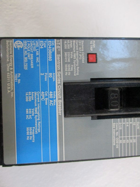 SIEMENS ED43B080L CIRCUIT BREAKER 80A 480V NSMP