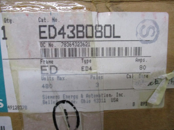 SIEMENS ED43B080L CIRCUIT BREAKER 80A 480V NSMP
