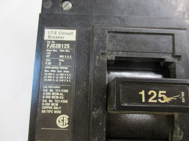 ITE FJ63B125 CIRCUIT BREAKER 125A 600VAC UNMP