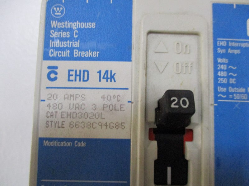 WESTINGHOUSE EHD3020L CIRCUIT BREAKER 20A 480VAC NSNP