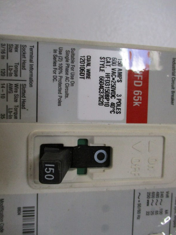 EATON HFD3150BP10 CIRCUIT BREAKER 150A 600VAC UNMP