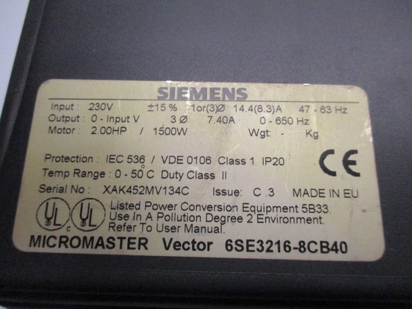 SIEMENS 6SE3-216-8CB40 (AS PICTURED) UNMP