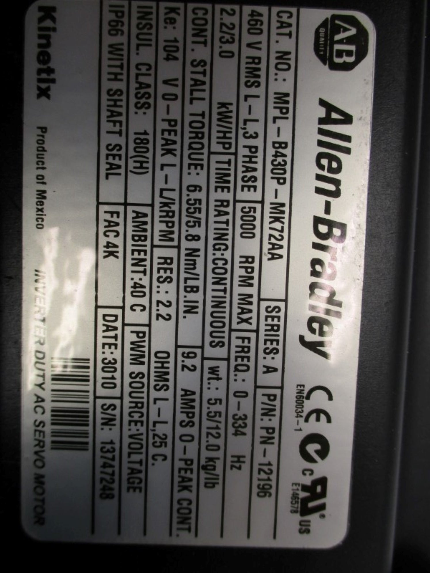 ALLEN BRADLEY MPL-B430P-MK72AA SER. A NSMP