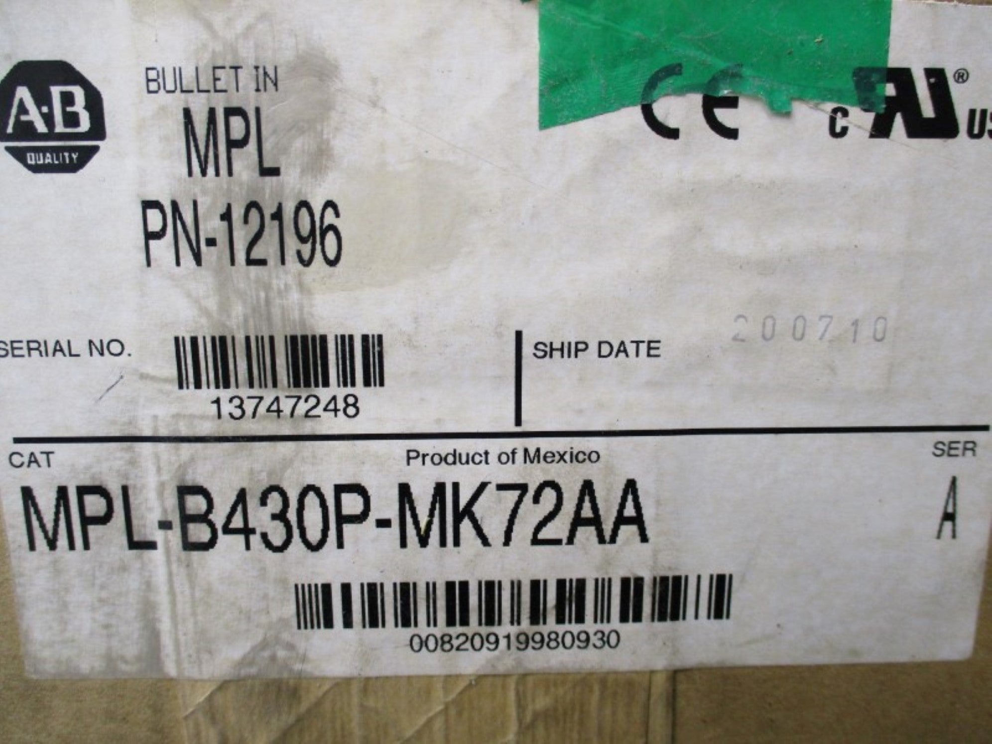ALLEN BRADLEY MPL-B430P-MK72AA SER. A NSMP