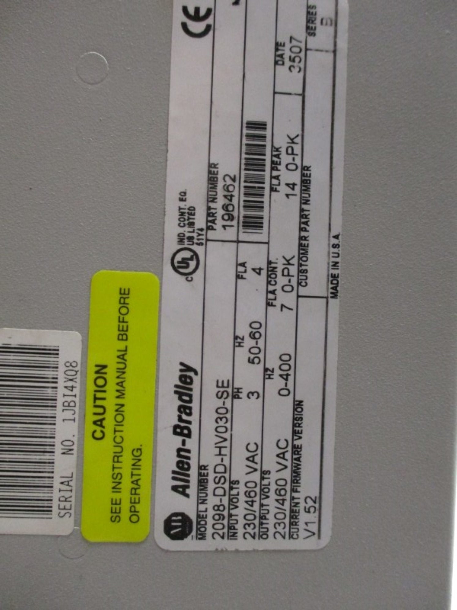 INDUSTRIAL SPARE PART 2098-DSD-HV030-SE SER. B F/W 1.52 (AS PICTURED) REMAN