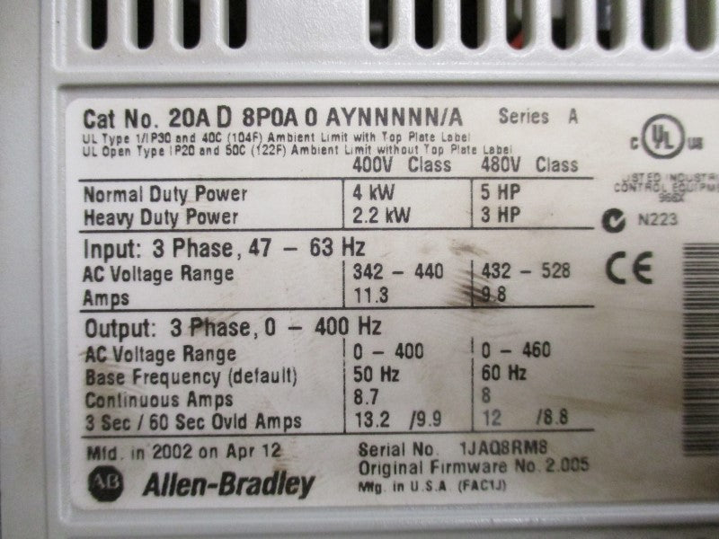 ALLEN BRADLEY 20AD8P0A0AYNNNNN/A SER. A F/W 2.005 UNMP