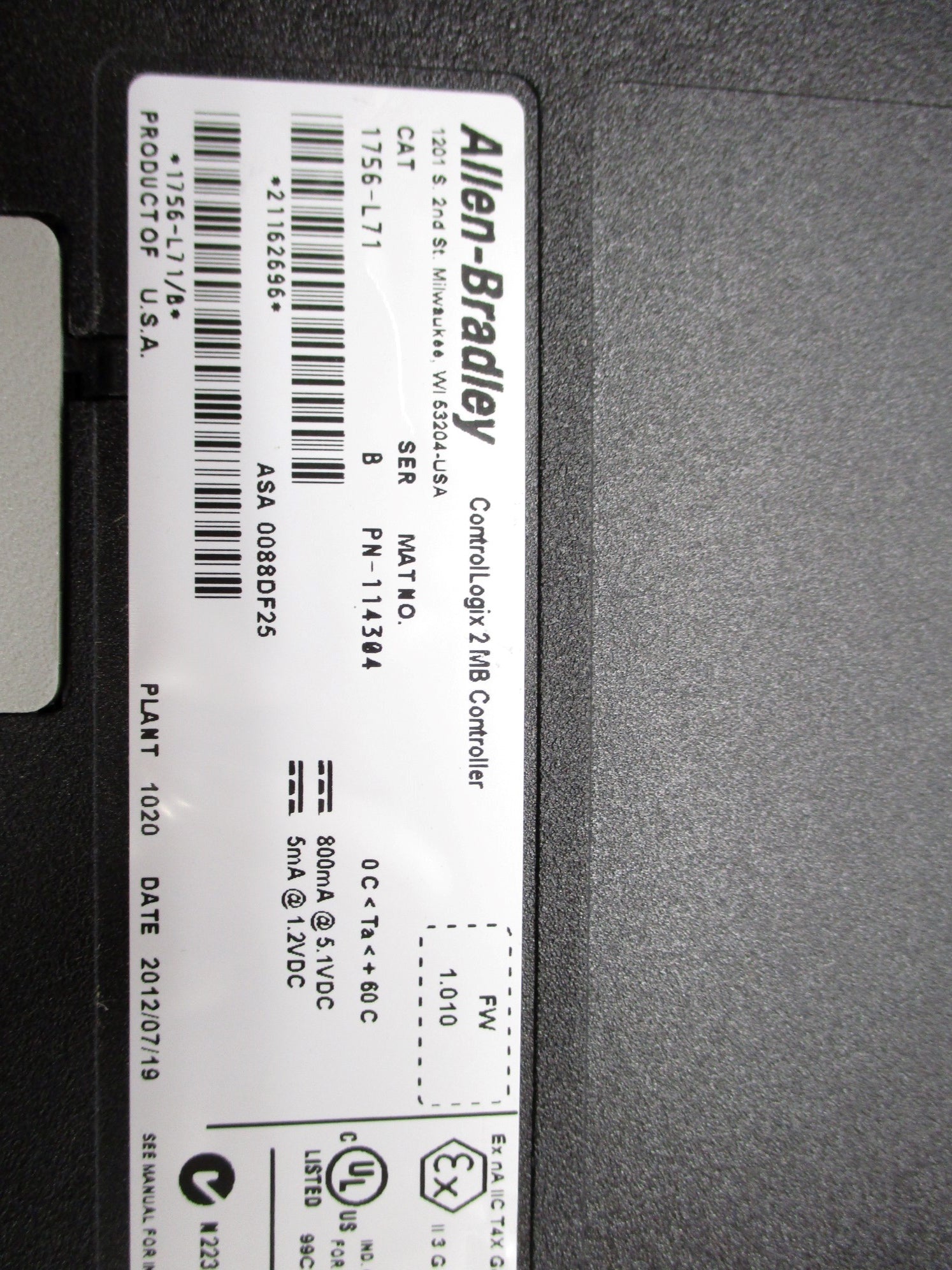 ALLEN BRADLEY 1756-L71 SER. B F/W 1.010 (NO KEY) NSNP